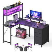 L-vormig Hoekbureau met LED-verlichting, Stopcontacten en 3 Lades