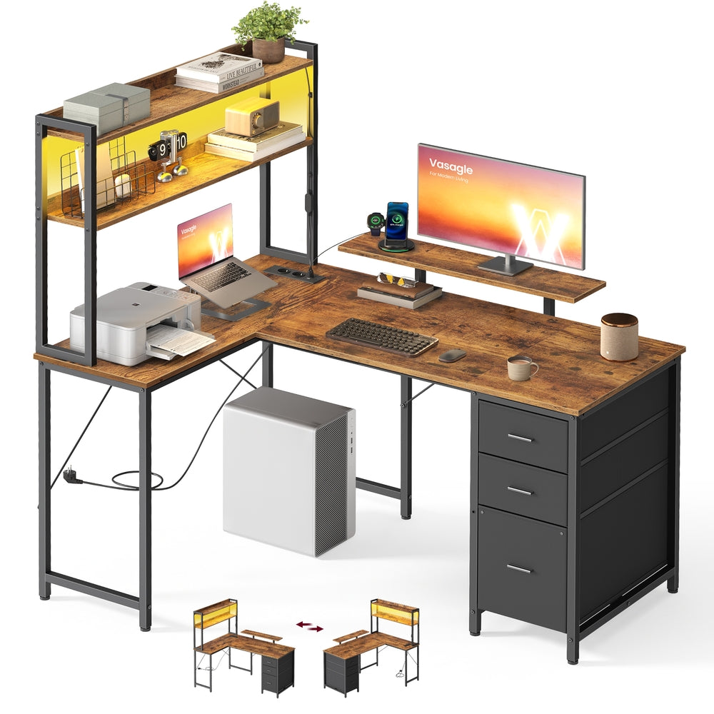 L-vormig Hoekbureau met LED-verlichting, Stopcontacten en 3 Lades
