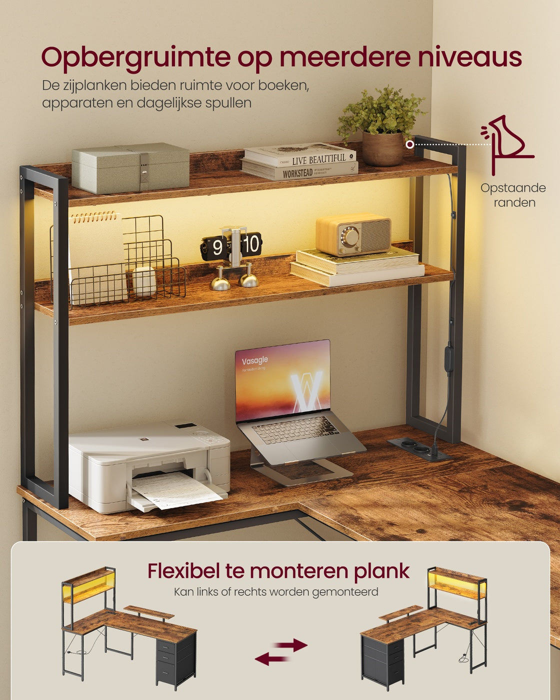 L-vormig Hoekbureau met LED-verlichting, Stopcontacten en 3 Lades