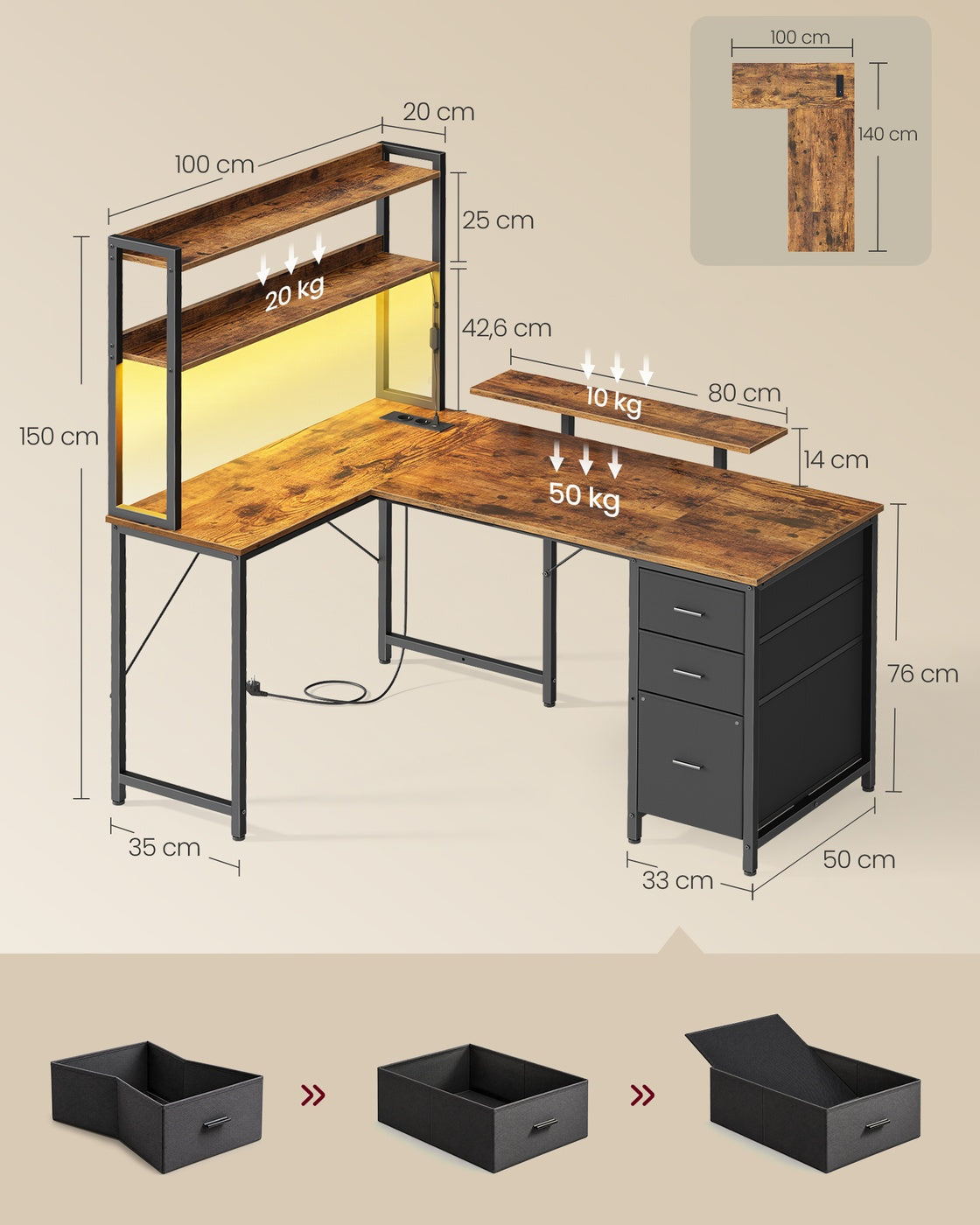 L-vormig Hoekbureau met LED-verlichting, Stopcontacten en 3 Lades