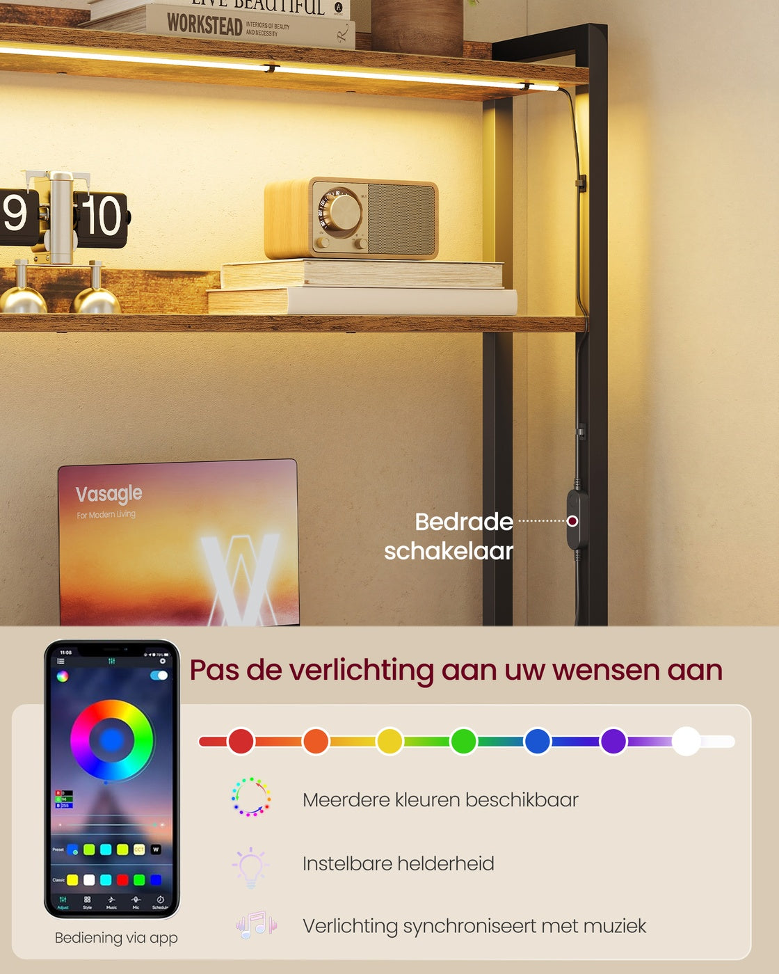 L-vormig Hoekbureau met LED-verlichting, Stopcontacten en 3 Lades
