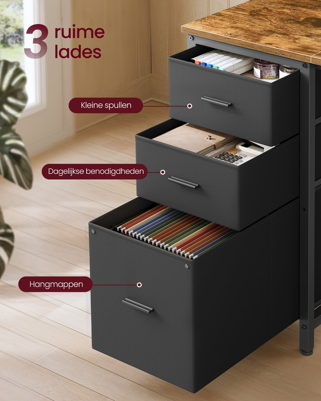 L-vormig Hoekbureau met LED-verlichting, Stopcontacten en 3 Lades