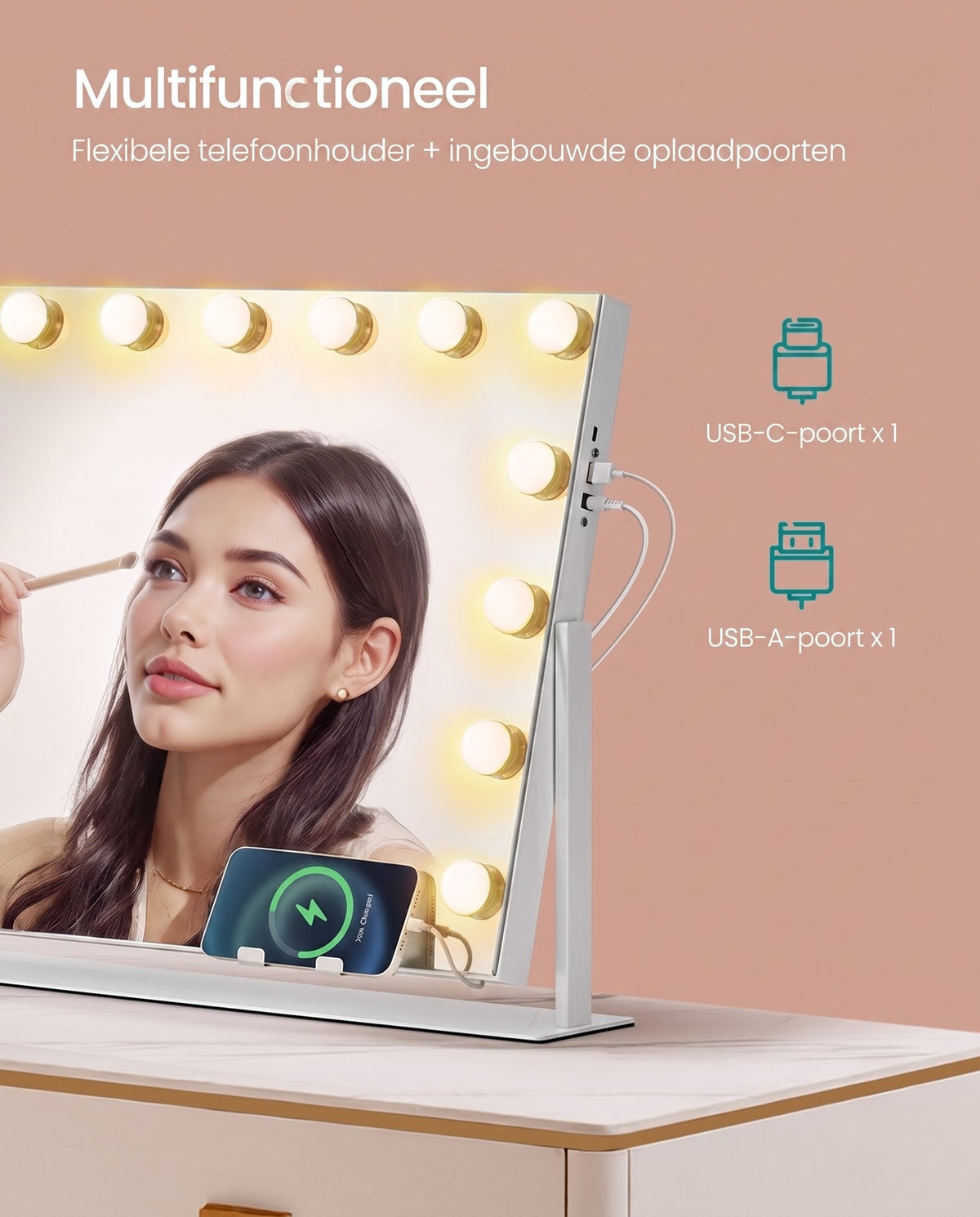 Make-upspiegel met 15 Ledlampen, USB-poorten en 10x Vergrotende Spiegel, 58 x 43 cm