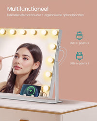 Make-upspiegel met 15 Ledlampen, USB-poorten en 10x Vergrotende Spiegel, 58 x 43 cm