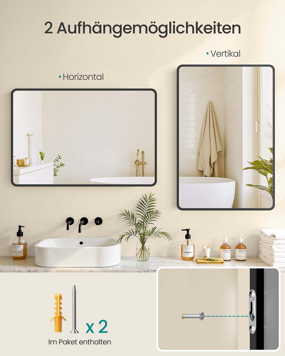 Wandspiegel met Aluminium Frame en Veiligheidsfolie, 91 x 61 cm