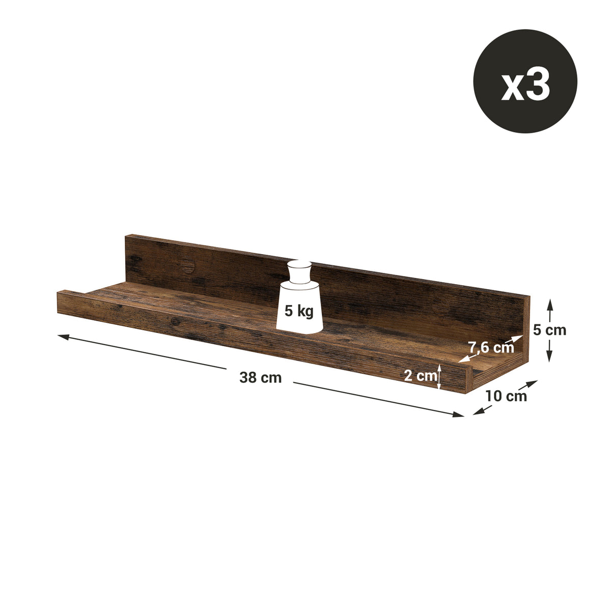 Zwevende Wandplanken Set van 3 met Opstaande Voorkant, 38 cm