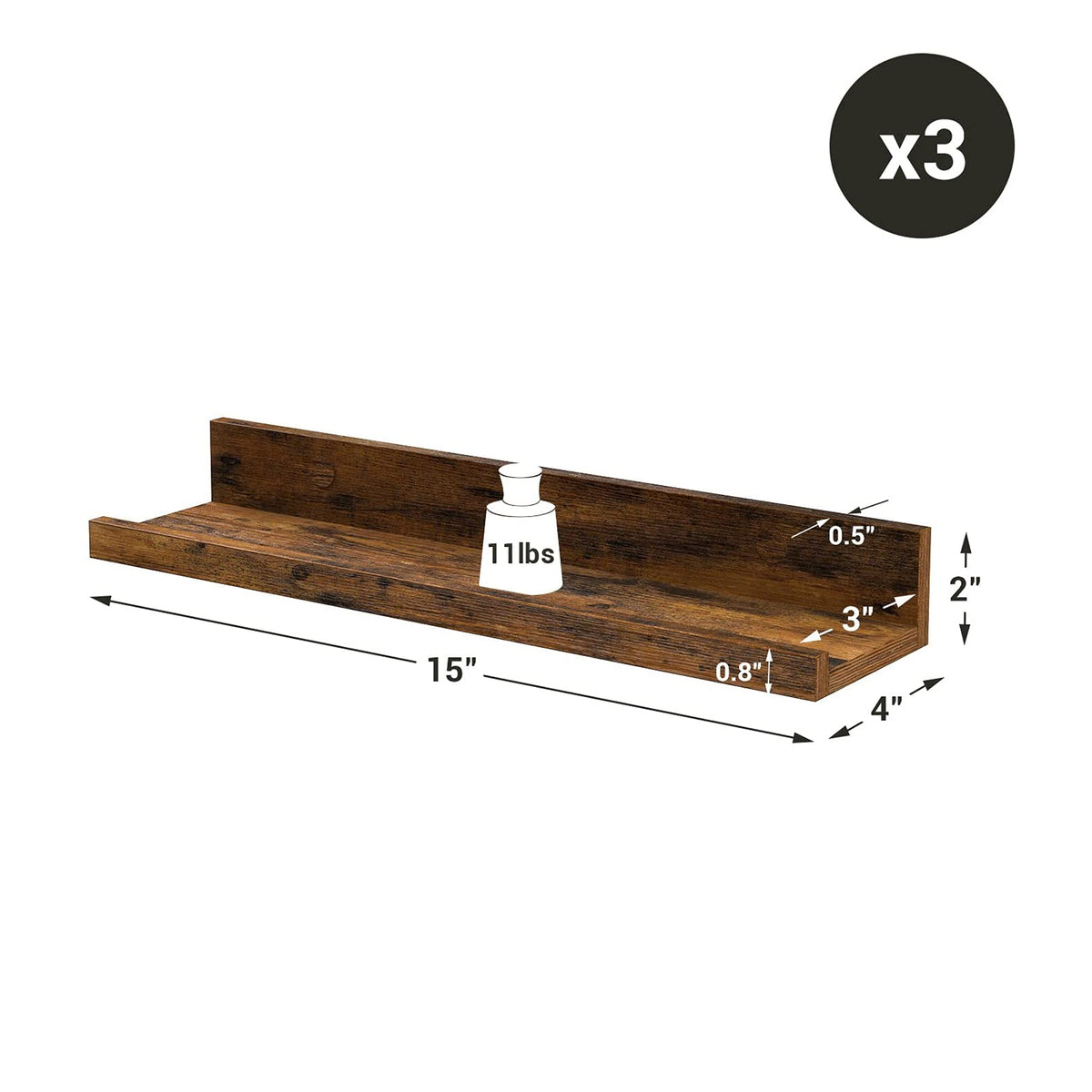 Zwevende Wandplanken Set van 3 met Opstaande Voorkant, 38 cm