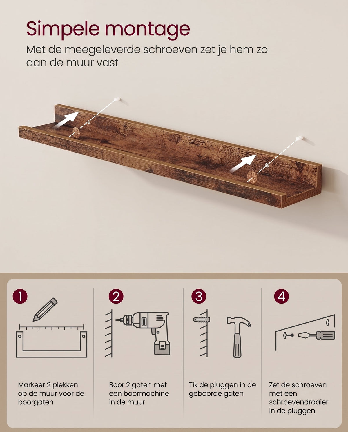 Zwevende Wandplanken Set van 3 met Opstaande Voorkant, 38 cm