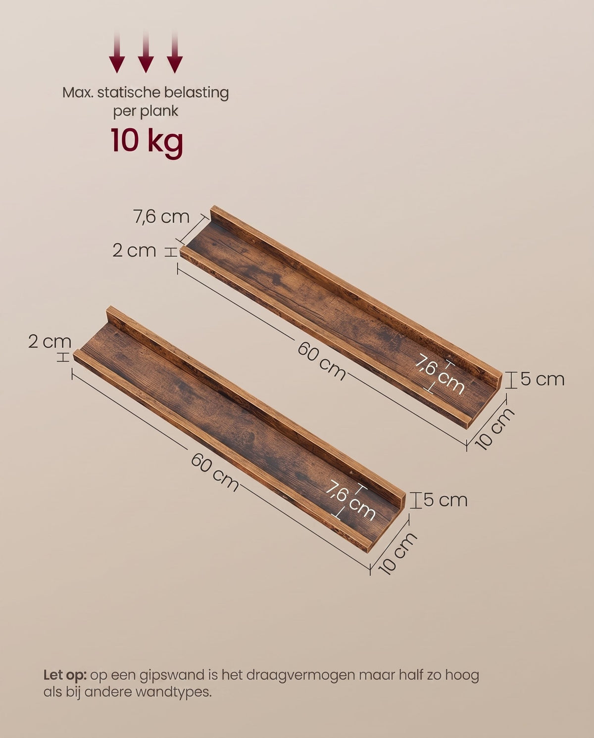 Zwevende Wandplanken Set van 3 met Opstaande Voorkant, 38 cm