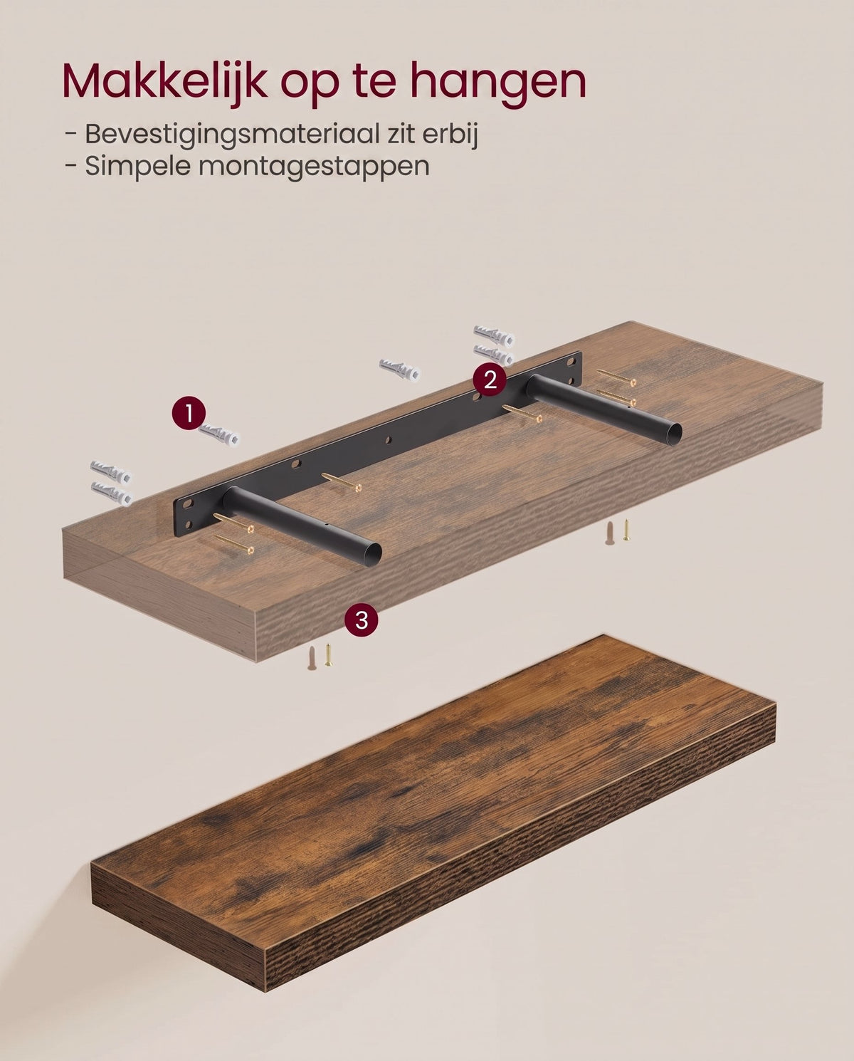 Zwevende Wandplanken Set van 4 in Vintage Bruin, 20 x 60 x 3,8 cm