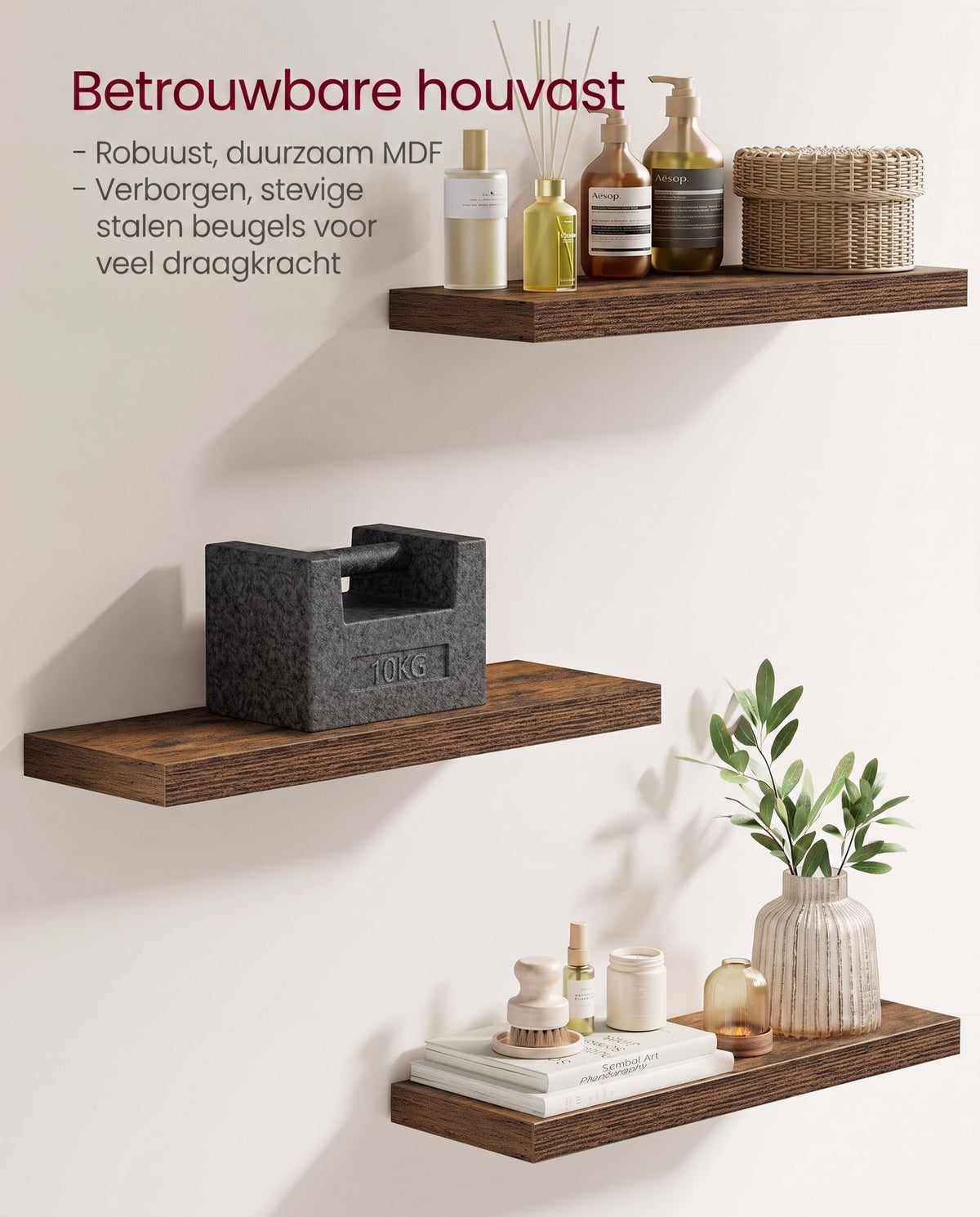 Zwevende Wandplanken Set van 4 in Vintage Bruin, 20 x 60 x 3,8 cm