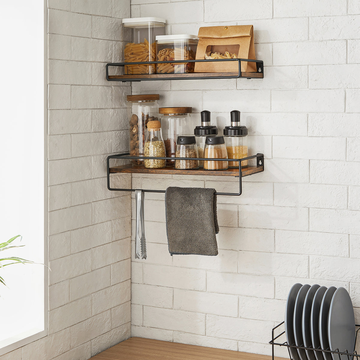 Zwevende Wandplanken Set van 2 met Ophangstang, Vintage Bruin