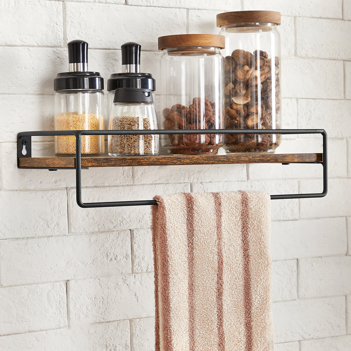 Zwevende Wandplanken Set van 2 met Ophangstang, Vintage Bruin