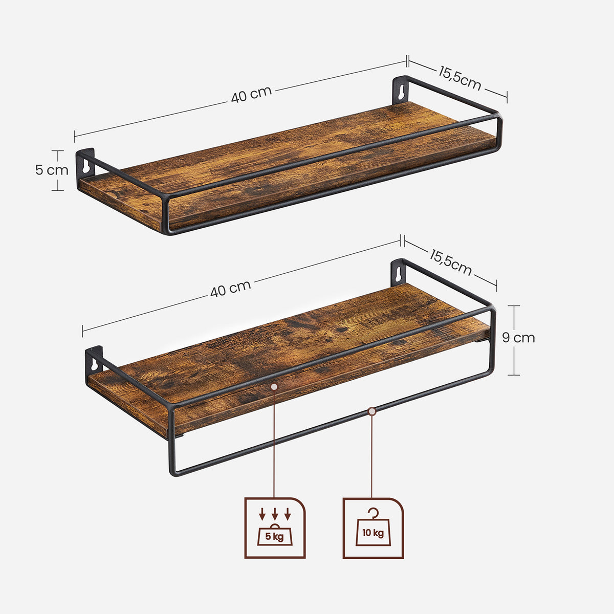 Zwevende Wandplanken Set van 2 met Ophangstang, Vintage Bruin