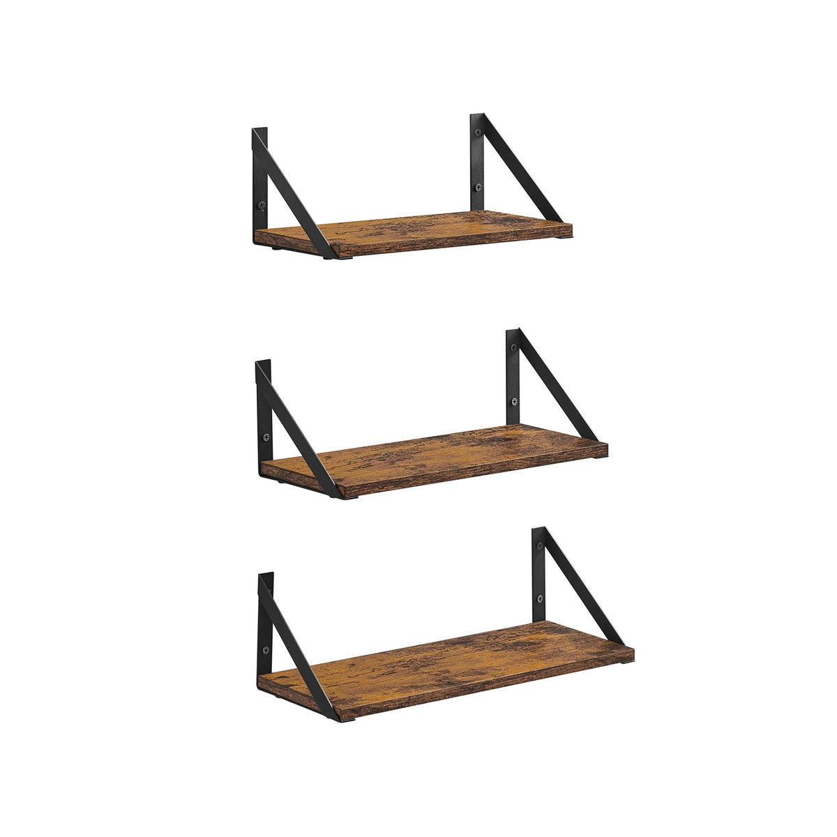 Zwevende Wandplanken Set van 3 met Zwart Stalen Frame, Vintage Bruin