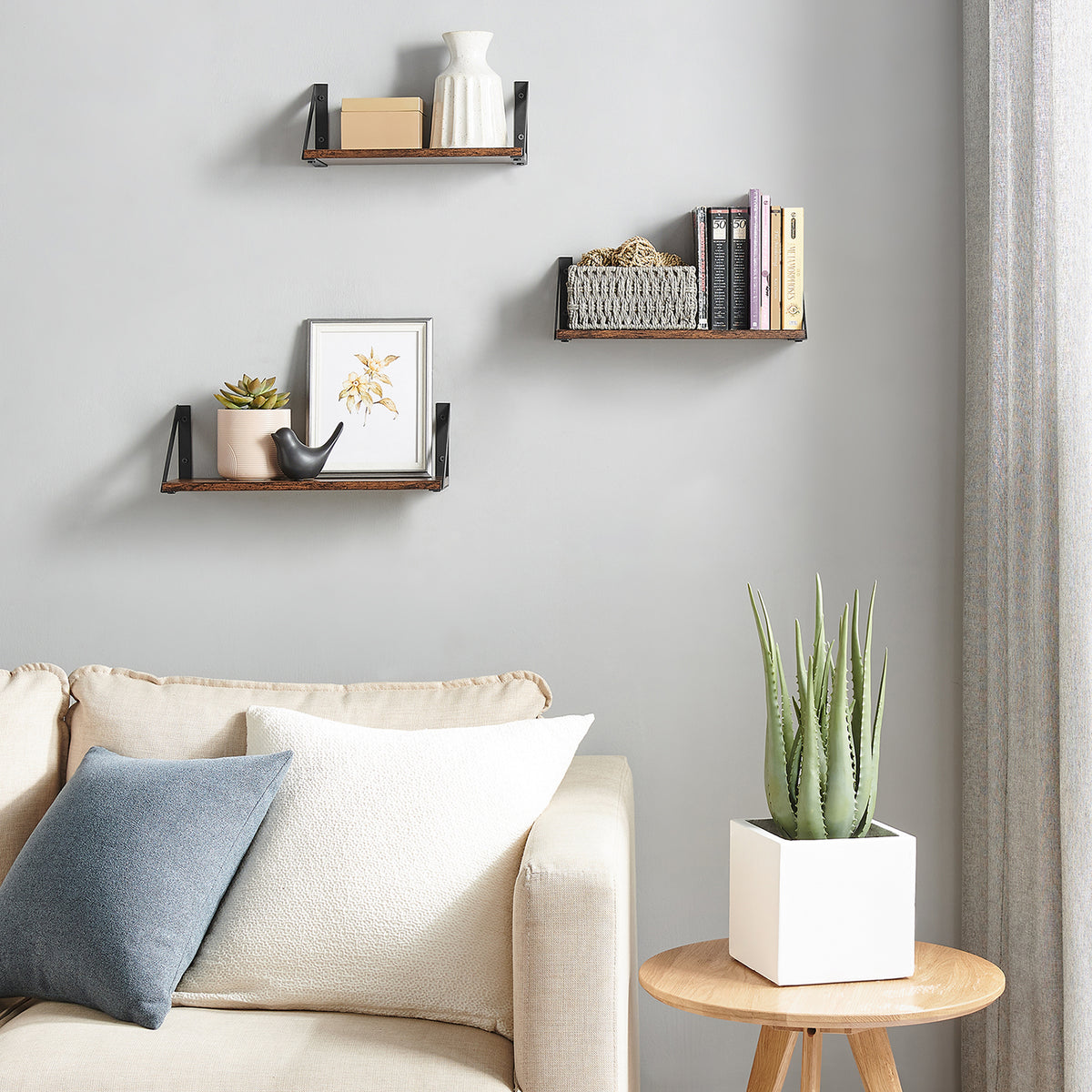 Zwevende Wandplanken Set van 3 met Zwart Stalen Frame, Vintage Bruin