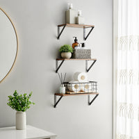 Zwevende Wandplanken Set van 3 met Zwart Stalen Frame, Vintage Bruin