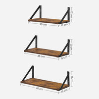 Zwevende Wandplanken Set van 3 met Zwart Stalen Frame, Vintage Bruin