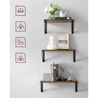 Zwevende Wandplanken Set van 3 met Zwart Stalen Frame, Vintage Bruin