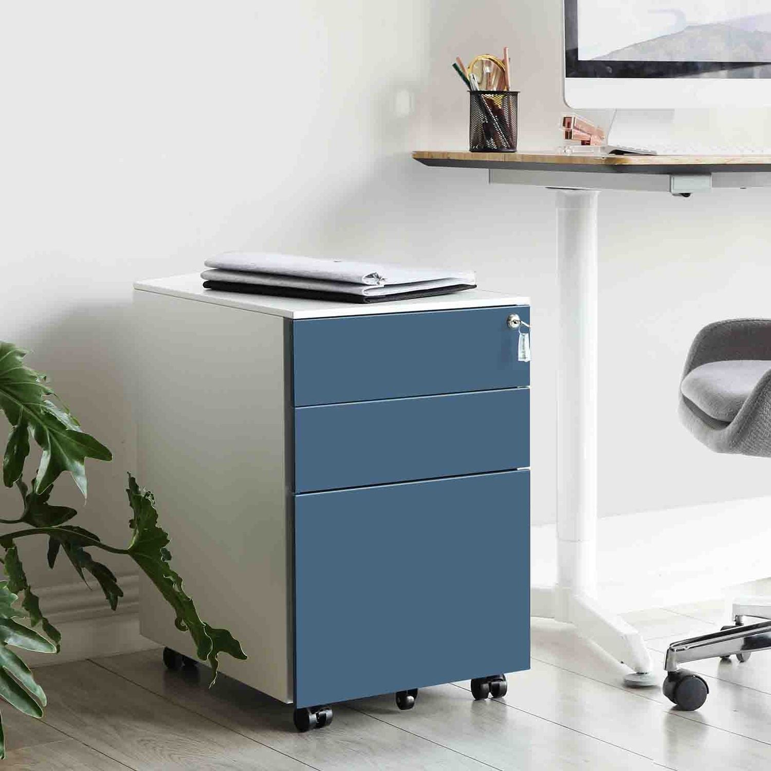 Stalen Rolcontainer met 3 Laden en Hangmap, 52x39x60 cm