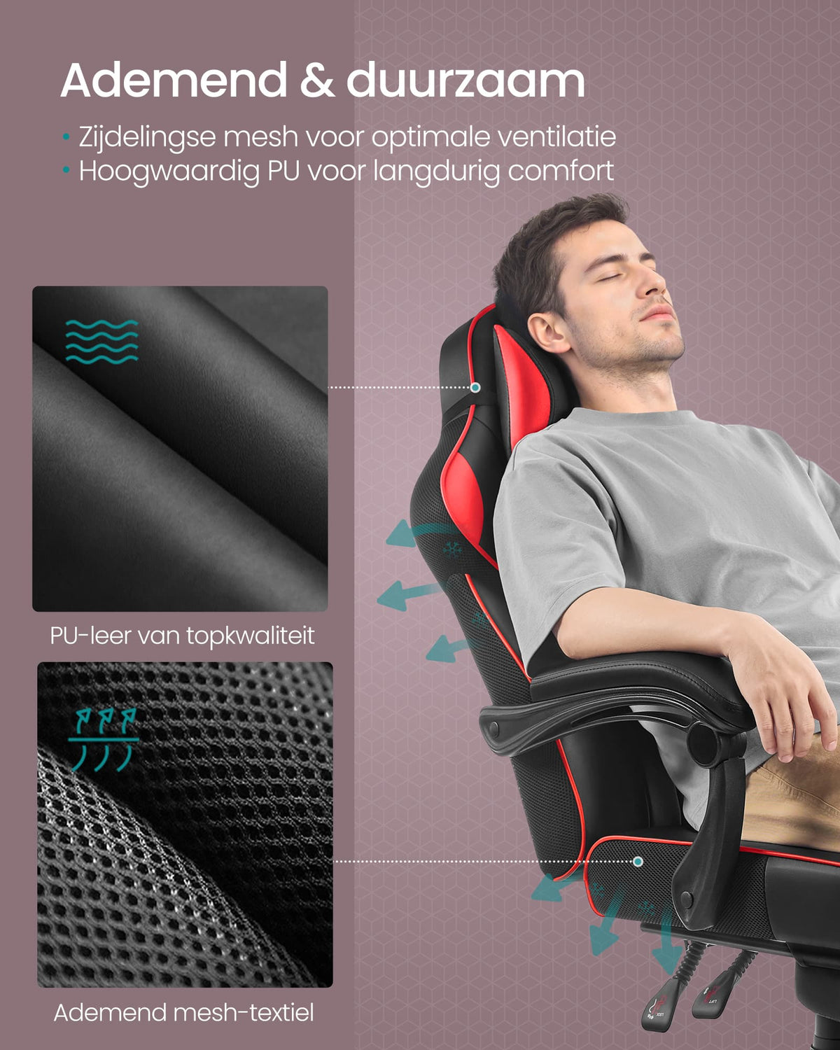 Ergonomische Bureaustoel met Voetensteun, Hoofdsteun en Lendenkussen, in Hoogte Verstelbaar