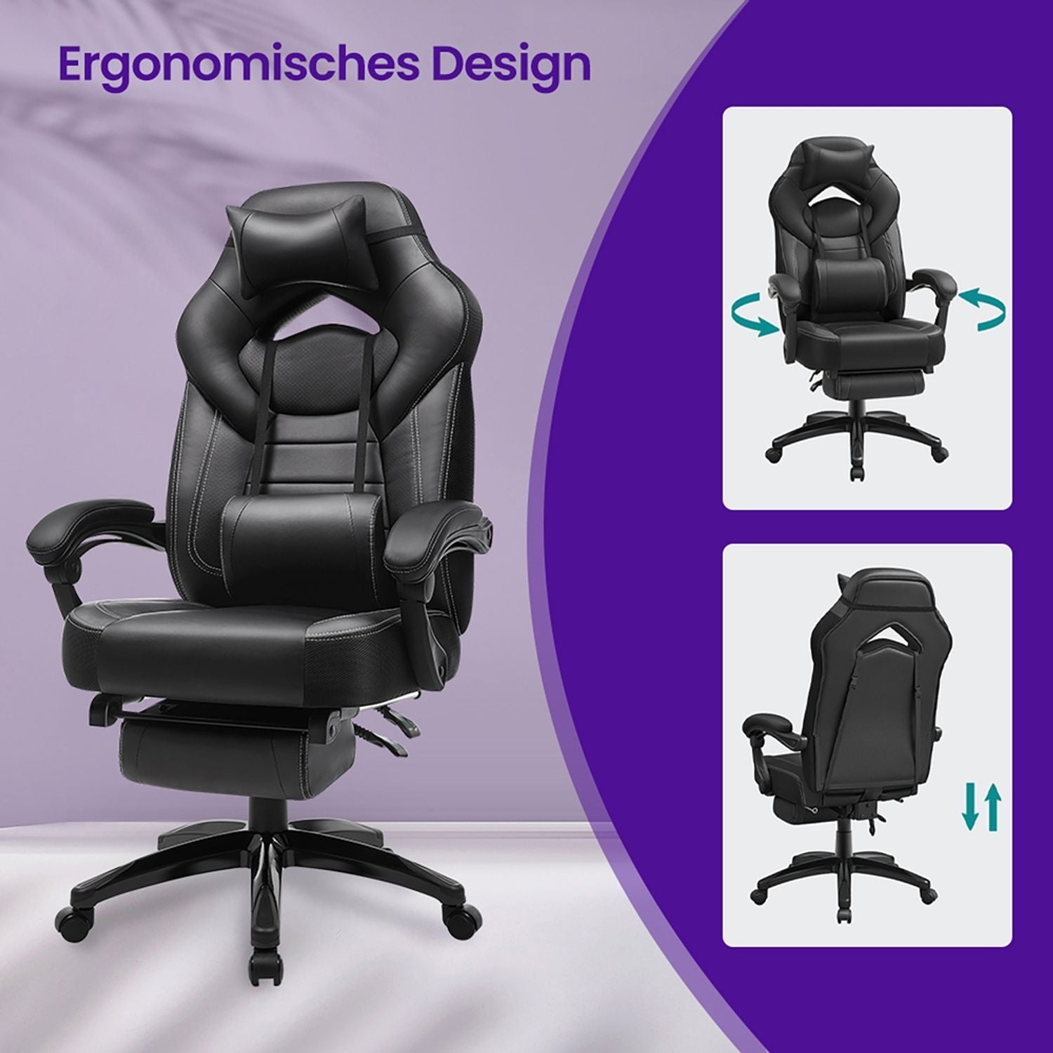 Ergonomische Bureaustoel met Voetensteun, Verstelbare Hoofdsteun en Lendensteun, tot 150 kg