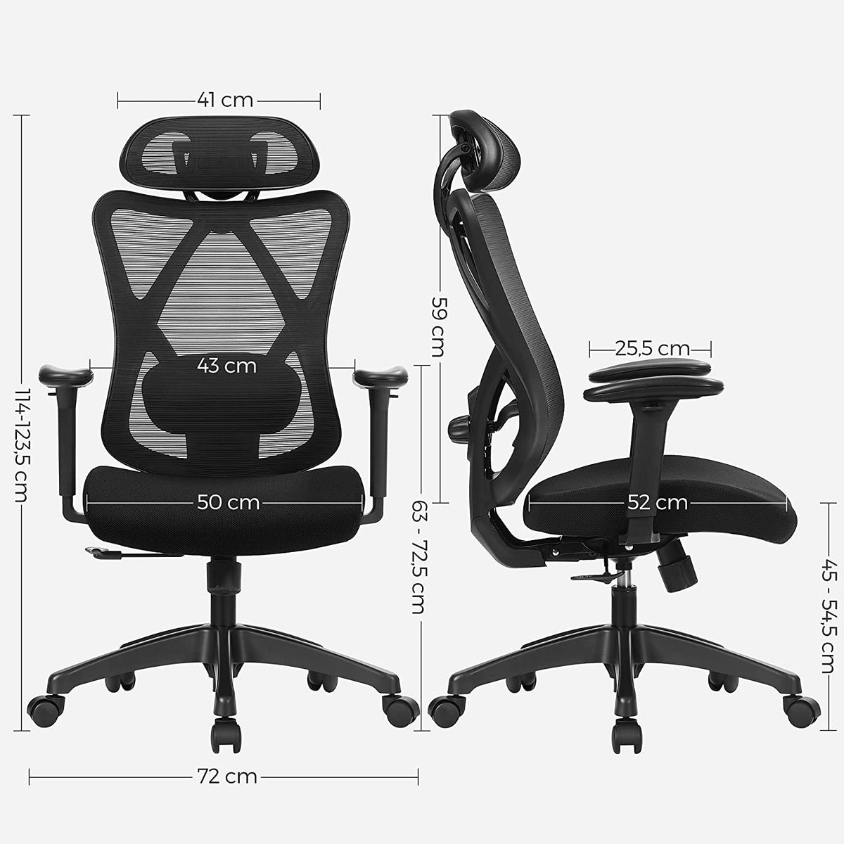 Ergonomische Bureaustoel met Verstelbare Lendensteun en Hoofdsteun, Netrugleuning tot 150 kg