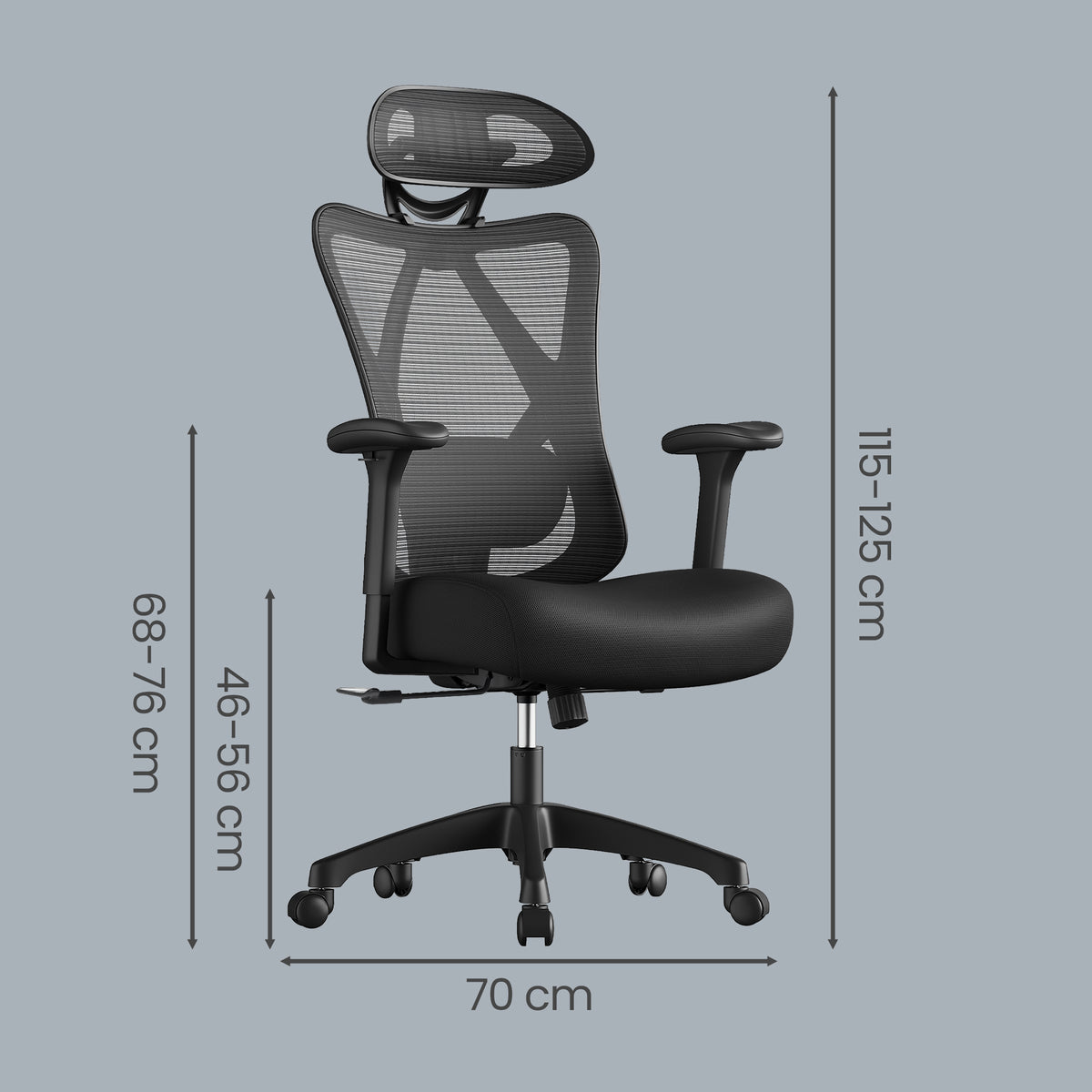 Bureaustoel met Verstelbare Lendensteun en Netrugleuning in Zwart, 70 x 70 x (115-125) cm