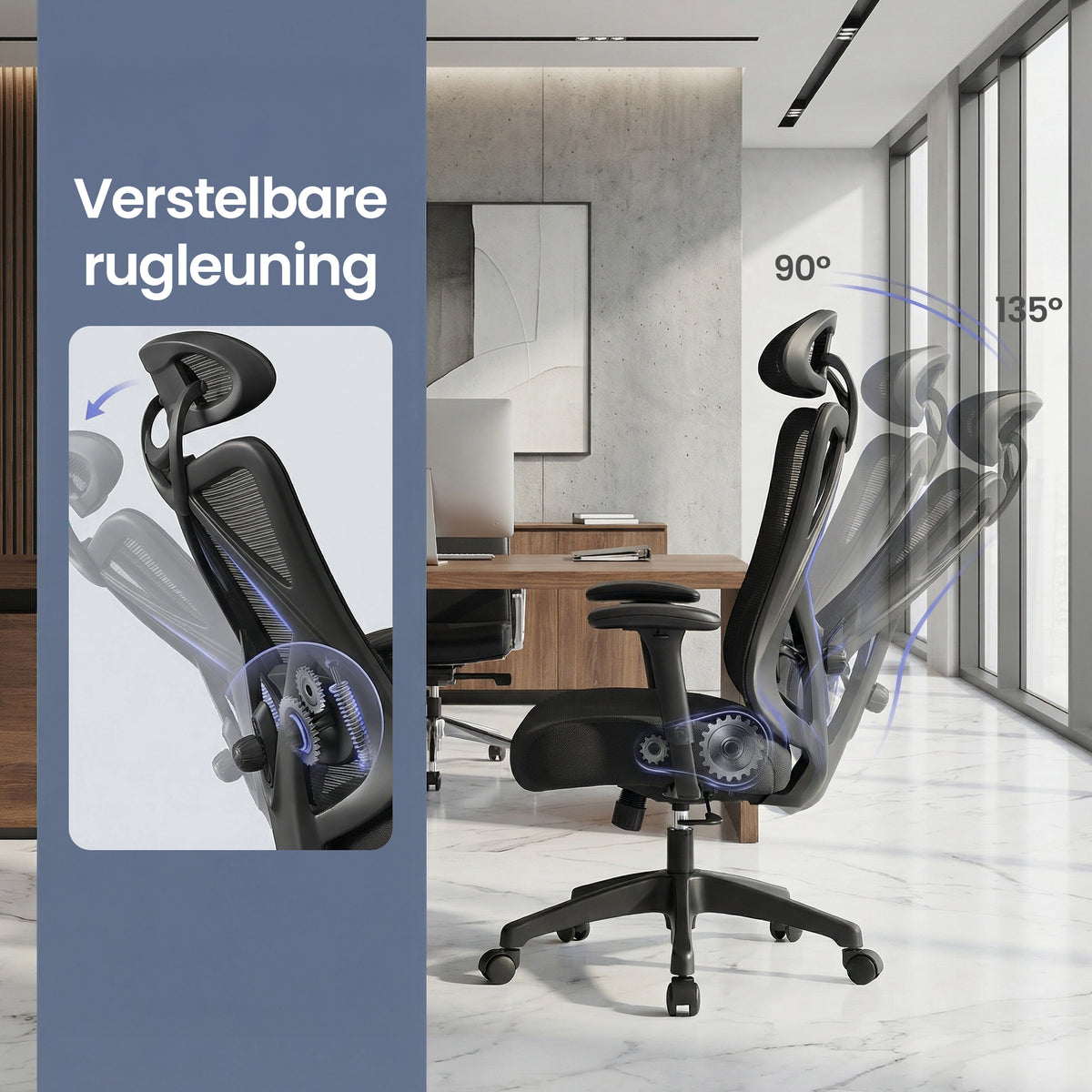 Bureaustoel met Verstelbare Lendensteun en Netrugleuning in Zwart, 70 x 70 x (115-125) cm
