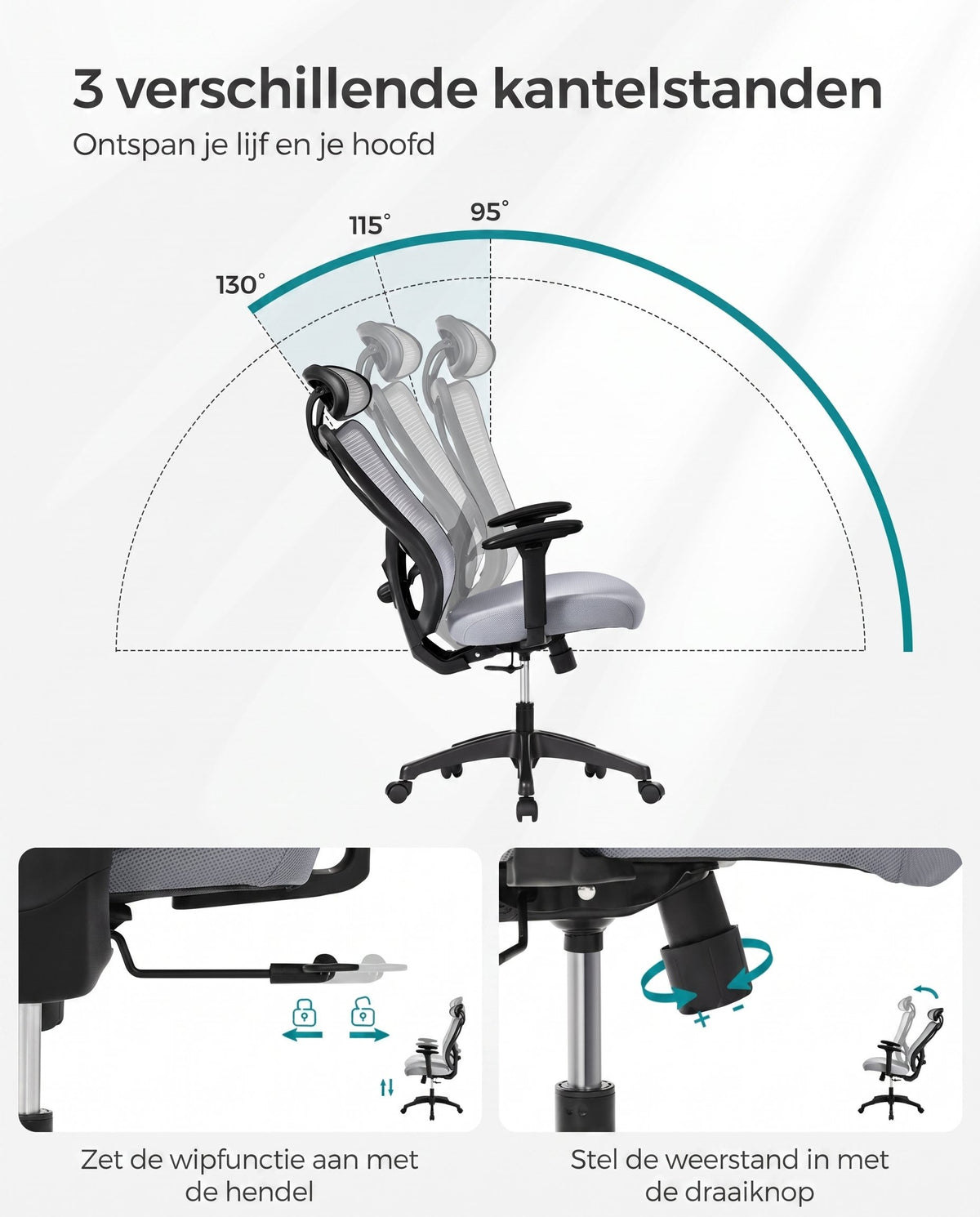 Ergonomische Bureaustoel met Verstelbare Lendensteun en Hoofdsteun, Netrugleuning tot 150 kg