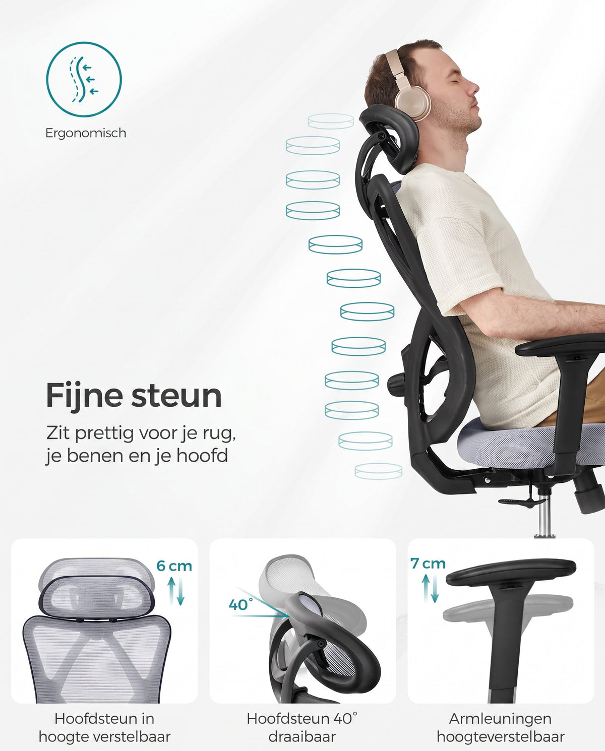 Ergonomische Bureaustoel met Verstelbare Lendensteun en Hoofdsteun, Netrugleuning tot 150 kg