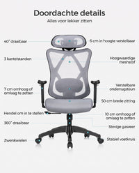 Ergonomische Bureaustoel met Verstelbare Lendensteun en Hoofdsteun, Netrugleuning tot 150 kg