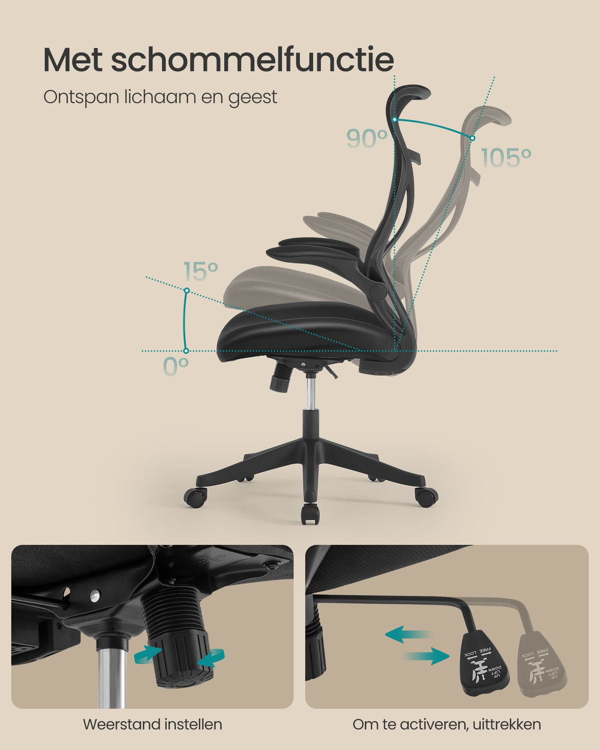 Ergonomische Bureaustoel met Opklapbare Armleuningen en Hoofdsteun, tot 150 kg