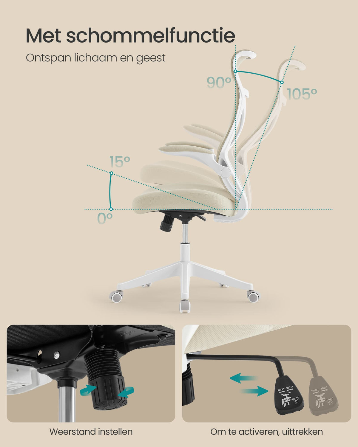 Ergonomische Bureaustoel met Opklapbare Armleuningen en Hoofdsteun, tot 150 kg