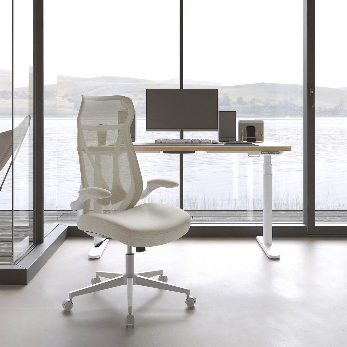 Bureaustoel met Opklapbare Armleuningen en S-Vormige Rugleuning in Beige, 70 x 70 cm