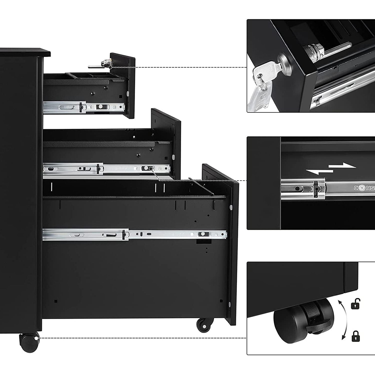 Stalen Rolcontainer met 3 Laden en Hangmap, 52x39x60 cm