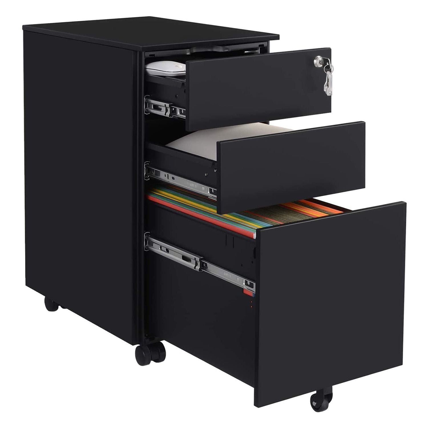 Stalen Rolcontainer met 3 Laden en Hangmap, 52x39x60 cm
