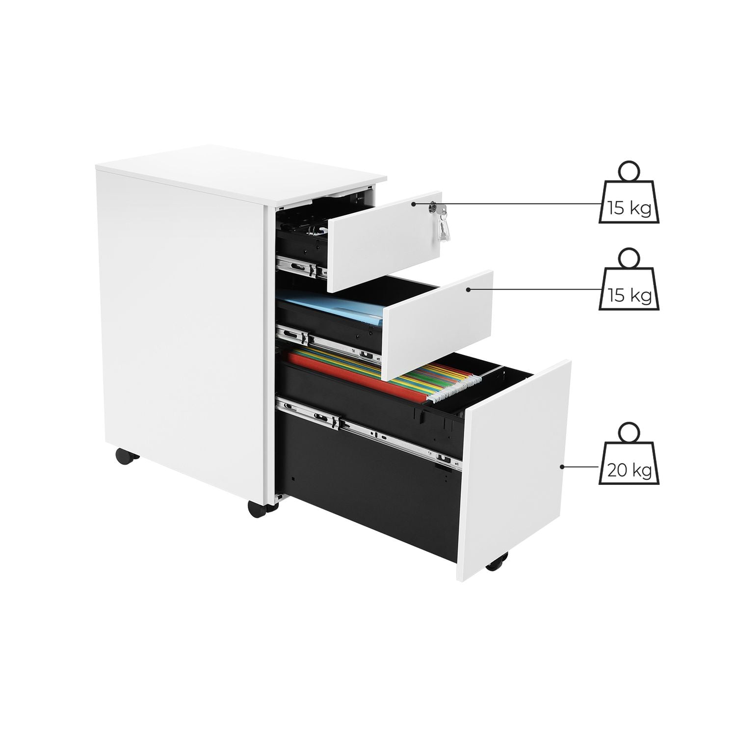 Stalen Rolcontainer met 3 Laden en Hangmap, 52x39x60 cm