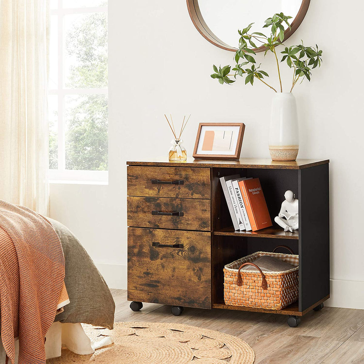 Verrijdbare Archiefkast met 3 Lades en 2 Open Vakken, 80 x 40 x 66 cm