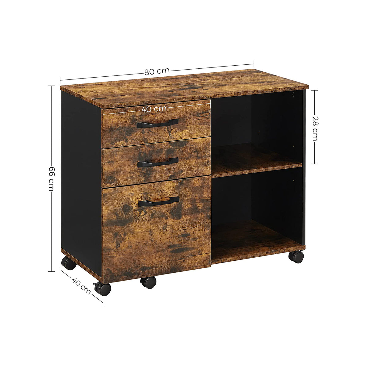 Verrijdbare Archiefkast met 3 Lades en 2 Open Vakken, 80 x 40 x 66 cm