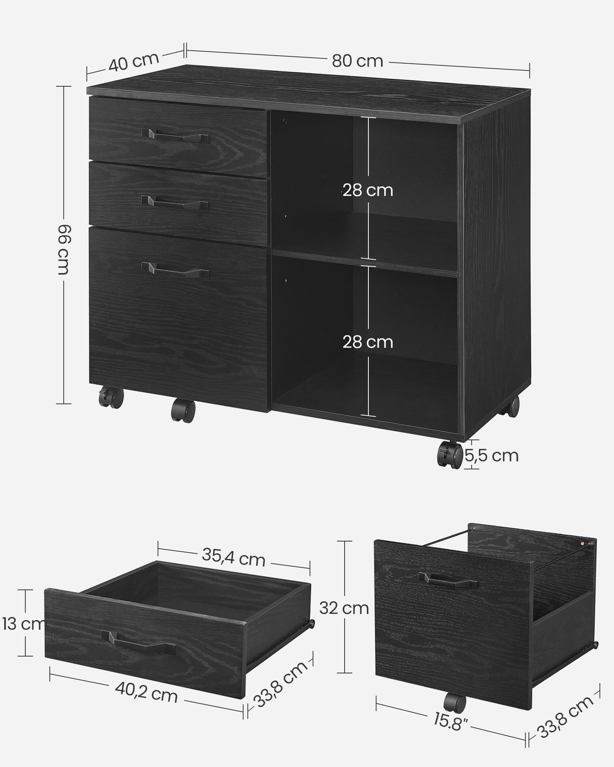 Verrijdbare Archiefkast met 3 Lades en 2 Open Vakken, 80 x 40 x 66 cm