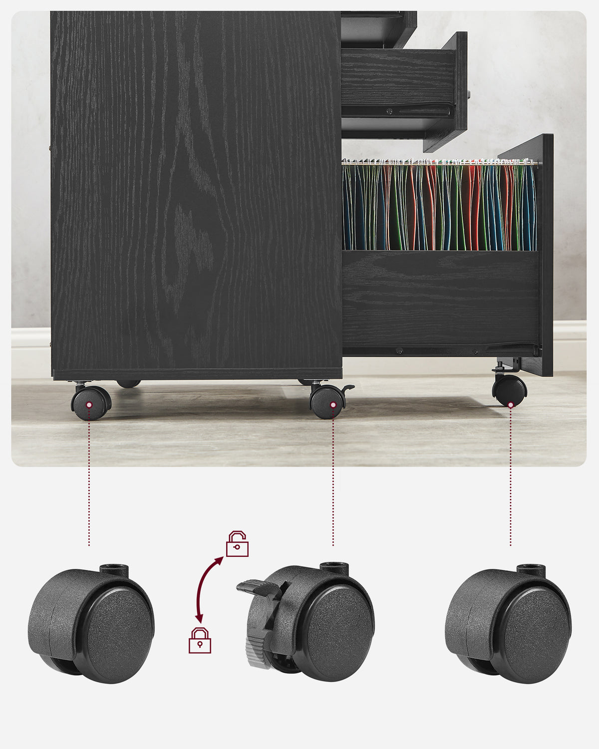 Verrijdbare Archiefkast met 3 Lades en 2 Open Vakken, 80 x 40 x 66 cm