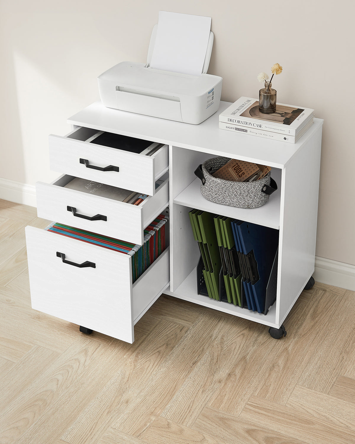 Verrijdbare Archiefkast met 3 Lades en 2 Open Vakken, 80 x 40 x 66 cm
