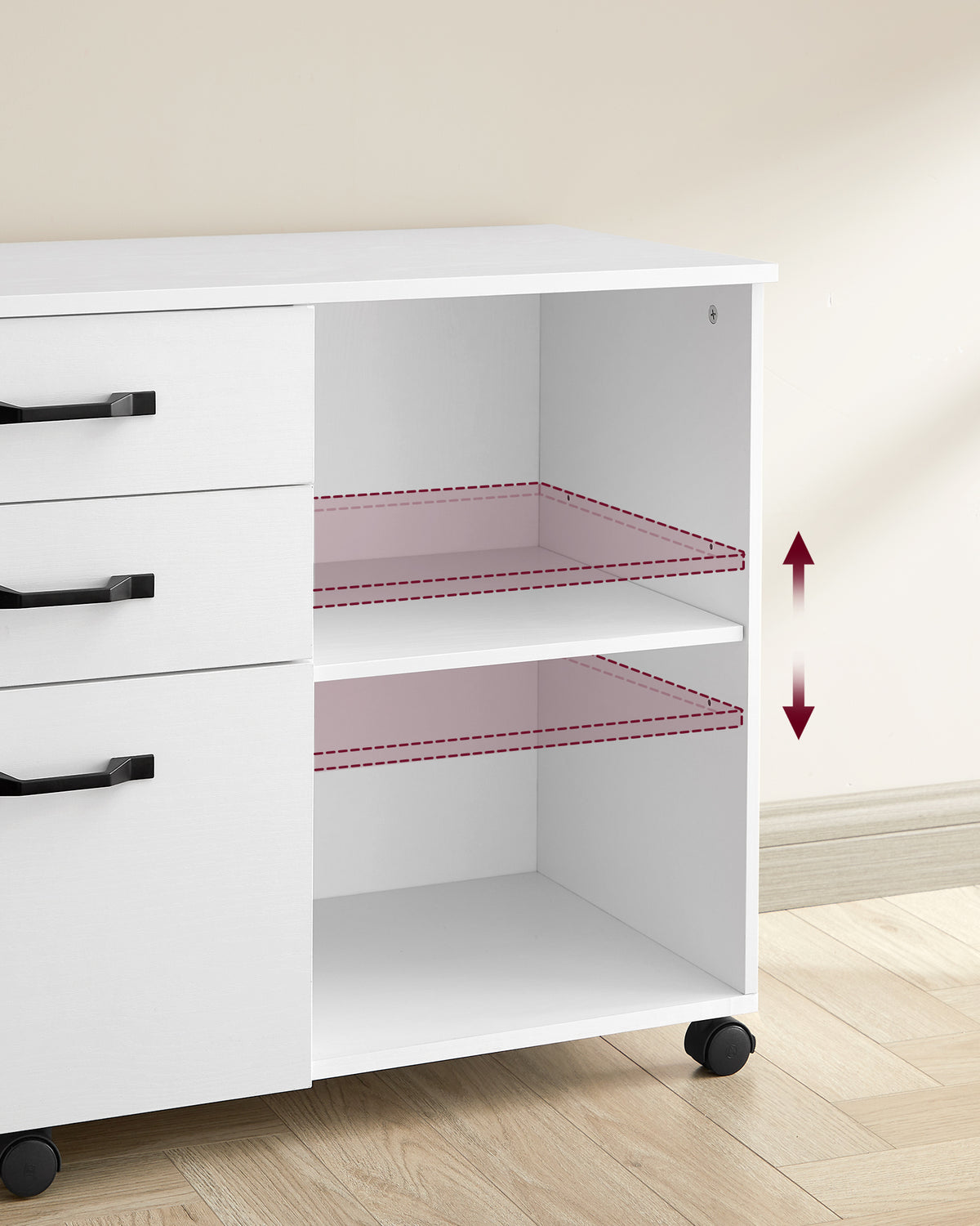 Verrijdbare Archiefkast met 3 Lades en 2 Open Vakken, 80 x 40 x 66 cm