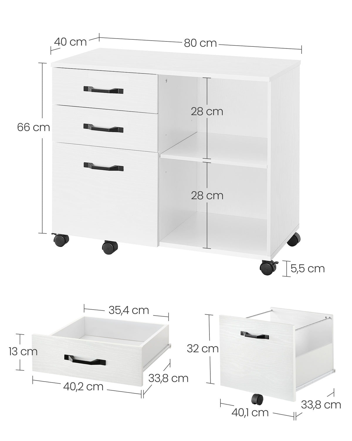 Verrijdbare Archiefkast met 3 Lades en 2 Open Vakken, 80 x 40 x 66 cm