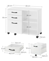 Verrijdbare Archiefkast met 3 Lades en 2 Open Vakken, 80 x 40 x 66 cm