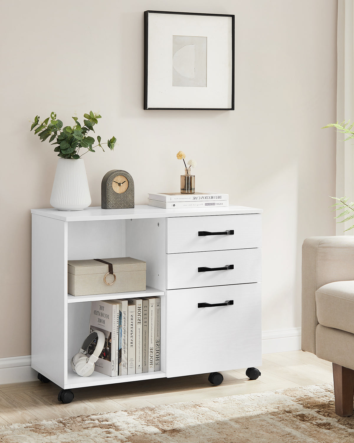 Verrijdbare Archiefkast met 3 Lades en 2 Open Vakken, 80 x 40 x 66 cm