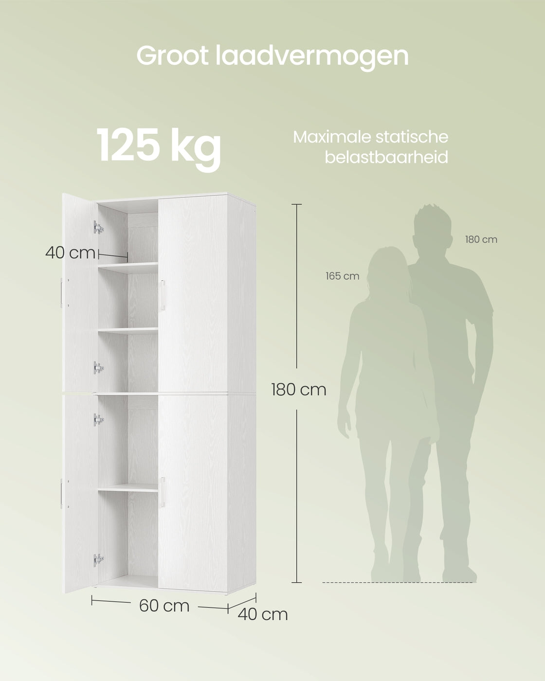 Multifunctionele Opbergkast met 4 Deuren en 5 Planken, 60 x 40 x 180 cm