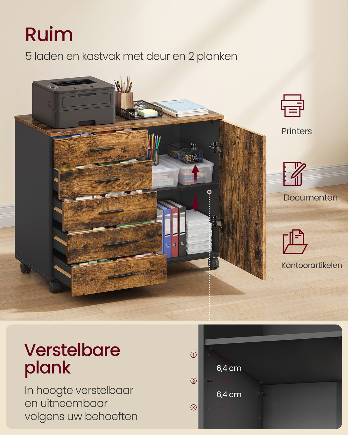 Verrijdbare Kantoorkast met 5 Lades en 1 Deur, 80 x 40 x 65 cm