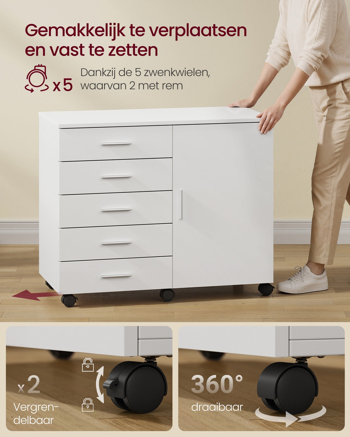 Verrijdbare Kantoorkast met 5 Lades en 1 Deur, 80 x 40 x 65 cm